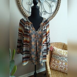 Valerie Stevens Multi-Stripe Boho V-Neck Tunic - Rust Yellow Black Cream